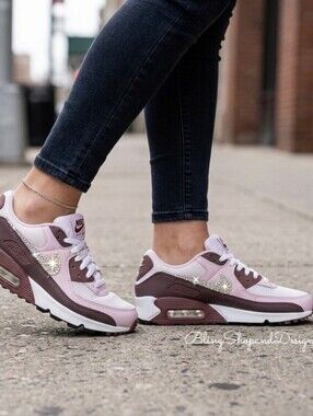 Bling Nike Air Max 90 Purple Brown Shoes Customized With Clear Crystals 💜